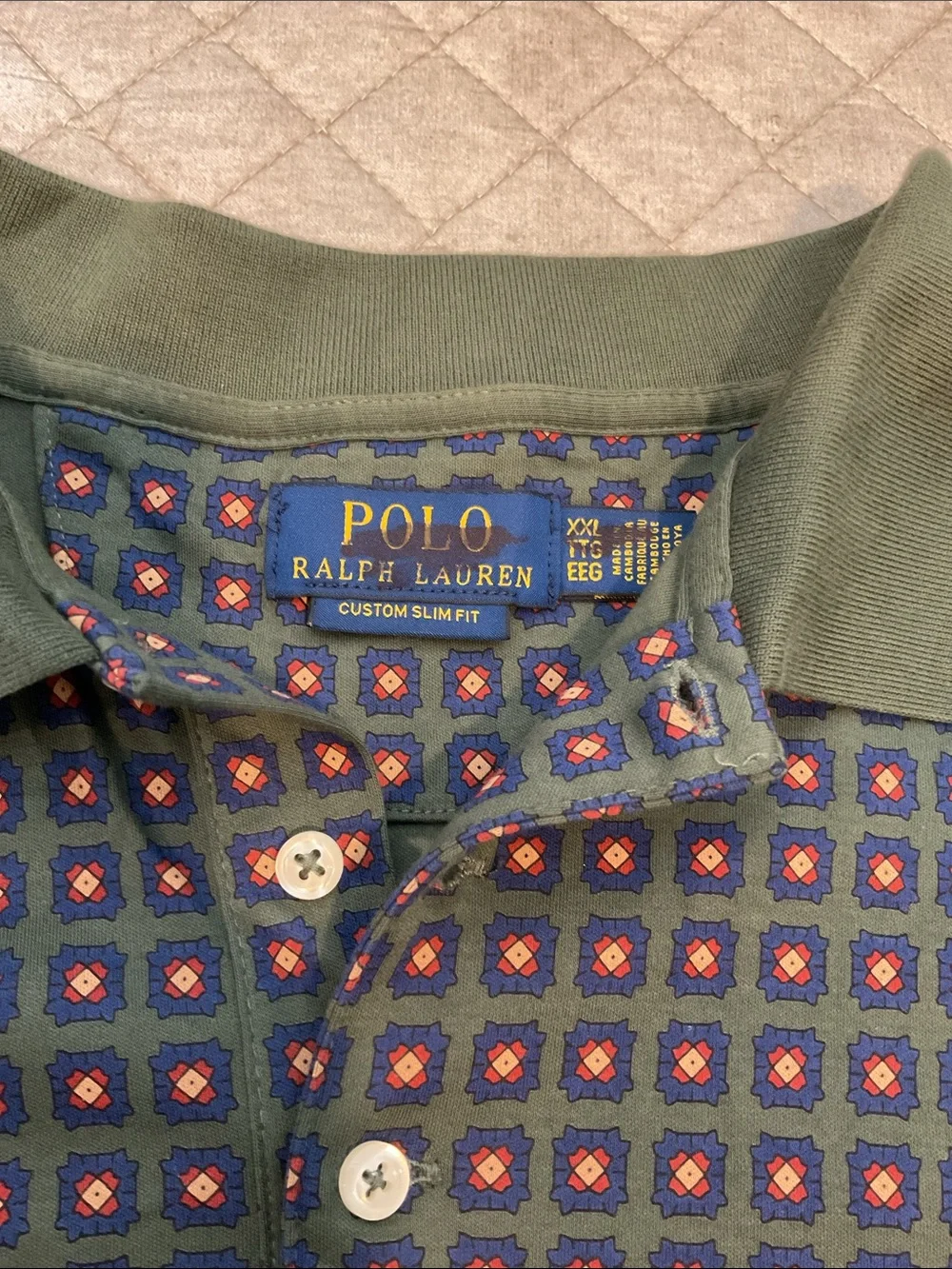 Ralph Lauren Dark Green & Black Long-Sleeve Polo Shirt with Micro Square Print